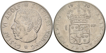 Швеция 1 крона 1970 U, Густав VI Адольф (1950-1973) KM 826а медь плакированная медно-никелем 4557-236