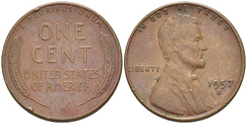 США 1 ЦЕНТ 1957 D, ЛИНКОЛЬН KM А132 медь цинк 3309-1213
