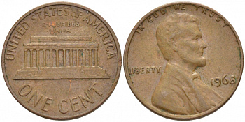 США 1 ЦЕНТ 1968 ЛИНКОЛЬН KM 201 медь цинк 3851-1034