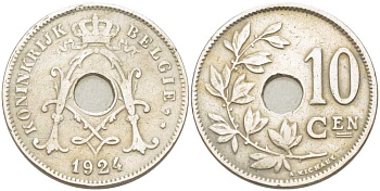 БЕЛЬГИЯ 10 САНТИМОВ 1924 BELGIE KM 86 медно-никель 210-1052