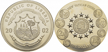 Либерия 5 долларов 2002 новые евромонеты Ватикана медно-никель UNC 1077-3-21