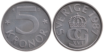 Швеция 5 крон 1987 D, Карл XVI Густав (1973- ) KM 853 медно-никель PROOFLIKE 59-246