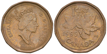 Канада 1 цент 1995 Елизавета II (1952-2022), кленовый лист KM 181 бронза 4383-457
