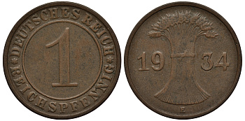 ГЕРМАНИЯ 1 РЕЙХСПФЕННИГ 1934 Е J 313, KM 37 бронза 413-5422