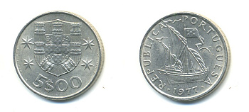 ПОРТУГАЛИЯ 5 ЭСКУДО 1977 ПАРУСНИК KM 591 медно-никель 176-253