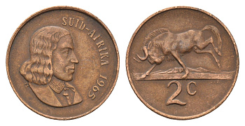 ЮАР 2 цента 1965 Ян ван Рибек (1619-1677), Suid Africa, легенда на африкаанс, антилопа гну KM 66.2 бронза 4121-427