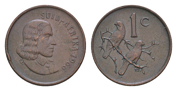 ЮАР 1 цент 1966 Ян ван Рибек (1619-1677), Suid Africa, легенда на африкаанс, капские воробьи KM 65.2 бронза 4609-1131