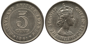 Малайя и Британское Борнео 5 центов 1961 Елизавета II (1952-2022) KM 1 медно-никель 1524-841