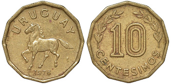 Уругвай 10 сентесимо 1976 KM 66 алюминиевая бронза 4164-751