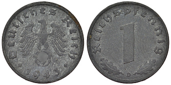 Германия 1 рейхспфенниг 1943 D KM 97, J. 369 цинк 4124-231