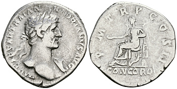 Римская Империя денарий 118 Адриан PM TR P COS II CONCORD Конкордия, персонификация Согласия Рим Very fine RIC 39b серебро 1073-4-3-4