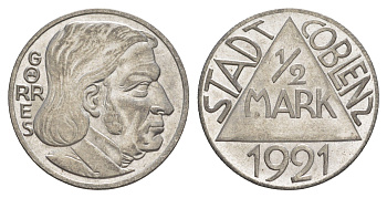 Кобленц 1/2 марки 1921 Funck 80.9A, Men05 4526.18, Men18 5727.18/20 сталь UNC 4586-257