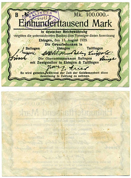 ЭБИНГЕН 100000 марок 1923 13 августа 1923 - 30 сентября 1923, нотгельд, земля Баден-ВЮРТЕНБЕРГ, BALLINGEN EBINGEN TAILFINGEN, OBERAMTSSPARKASSE Keller 1221а бумага 2193-30-1-1
