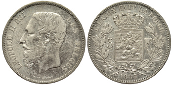 Бельгия 5 франков 1868 Леопольд II (1865-1909) KM 24 серебро 1529-1042