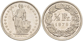 Швейцария 1/2 франка 1978 KM 23а.1 медно-никель 4528-644