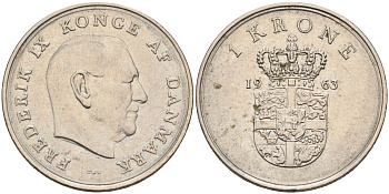 Дания 1 крона 1963 Фредерик IX (1947-1972) KM 851 медно-никель 4586-1125