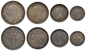 Великобритания набор из 4 монет 1886 1, 2, 3 и 4 пенса, Манди сет, в оригинальной коробке, Виктория (1837-1901) Spink 3916 серебро 00-803-57