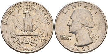 США 25 ЦЕНТОВ = КВОТЕР 1985 P, ВАШИНГТОН KM A164a медь плакированная медно-никелем 4114-922