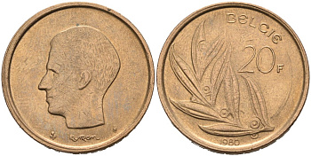 Бельгия 20 франков 1980 Belgie, БОДУЭН I KM 160 никель бронза 190-914