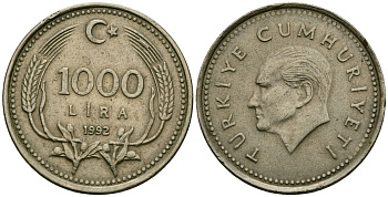 Турция 1000 лир 1992 Кемаль Ататюрк KM 997 медь цинк никель 4171-1137