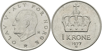 НОРВЕГИЯ 1 КРОНА 1977 KM 419 медно-никель 94-544