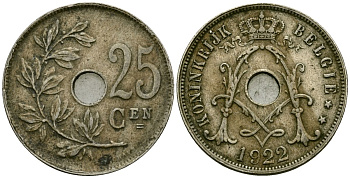 Бельгия 25 сантимов 1922 Belgie KM 69 медно-никель 4165-834
