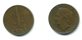 Нидерланды 1 цент 1948 Вильгельмина (1890-1948), год тип KM 175 бронза 54-463