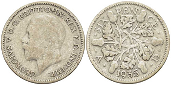 Великобритания 6 пенсов 1935 Георг V (1910-1936) KM 832, Spink 4041 серебро 26-835