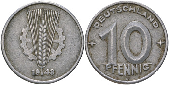 ГДР 10 пфеннигов 1948 A KM 3 алюминий 206-619