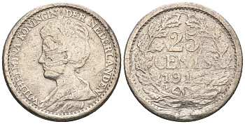 Нидерланды 25 центов 1910 Вильгельмина (1890-1948) KM 146 серебро 4609-763
