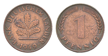 ФРГ 1 пфенниг 1949 J KM A101, J. 376 сталь плакированная бронзой 4164-119