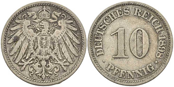 ГЕРМАНИЯ 10 ПФЕННИГОВ 1898 A KM 12, J. 13 медно-никель 4401-1041