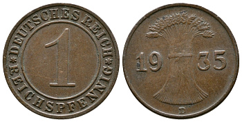 Германия 1 рейхспфенниг 1935 D KM 37, J. 313 бронза 220-122
