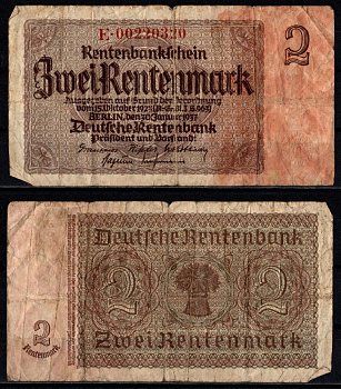 Германия 2 рентенмарки 1937 Pick 174 b(2) бумага 7203-65-1-2