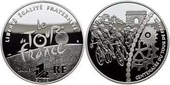Франция 1 1/2 евро 2003 100 лет велогонкам Тур де Франс, велосипедисты и триумфальная арка KM 1322 серебро PROOF 1095-3-52