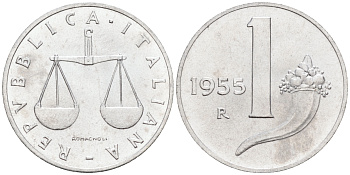 Италия 1 лира 1955 R, весы KM 91 алюминий  UNC  4594-649