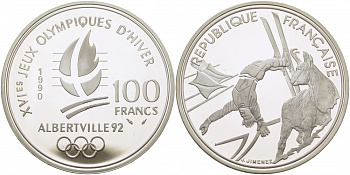 Франция 100 франков 1990 XVI Зимние Олимпийские игры 1992 в Альбервиле, фристайл KM 983 серебро PROOF 1077-3-43