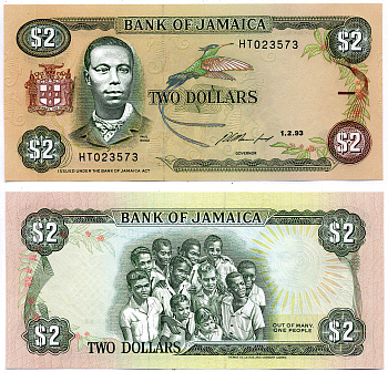 Ямайка 2 доллара 1993 1 февраля 1993, подпись 11, ПОЛ БОГЛ Pick 69е бумага UNC (пресс) 2197-20-3-2