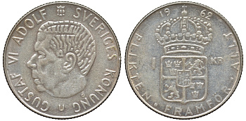 Швеция 1 крона 1962 U, Густав VI Адольф (1950-1973) KM 826 серебро 4178-746