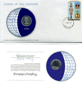 Багамские острова 25 центов 1979 КОНВЕРТ С МАРКОЙ ПЕРВОГО ДНЯ ГАШЕНИЯ, COINS OF NATIONS KM 63.1 никель BUNC 4294-19-1