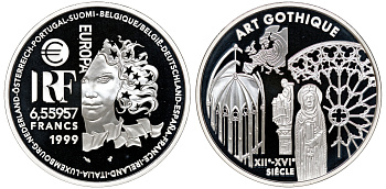 Франция 1 евро = 6,55957 франков 2000 готический стиль в архитектуре (XII-XVI веков) в коробке с сертификатом KM 1246 серебро PROOF 4-3-3-12