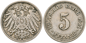 Германия 5 пфеннигов 1911 D KM 11, J. 12, Weege 6 медно-никель 08-1463