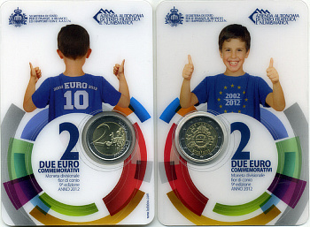 Сан-Марино 2 евро 2012 10 лет евро, в оригинальном буклете KM NEW биметалл UNC 00-00
