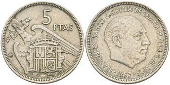 ИСПАНИЯ 5 ПЕСЕТ 1957 (72) ФРАНСИСКО ФРАНКО ДИКТАТОР ИСПАНИИ (1939-1975) KM 786 медно-никель 216-1033