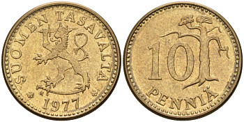 ФИНЛЯНДИЯ 10 ПЕННИ 1977 K KM 46 алюминиевая бронза 192-1042