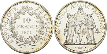 Франция 10 франков 1972 А, Геракл с богинями равенства и братства KM 932 серебро PROOF 1072-9-64