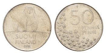 Финляндия 50 пенни 1991 M, полярный медведь KM 66 медно-никель 4617-567