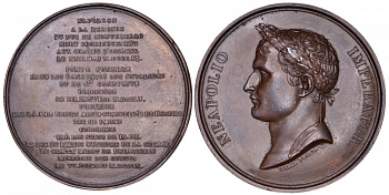 Франция медаль 1810 в память Маршала Империи Жана Лана, первого герцога Монтебелло, героически погибшего в битве при Эслинге в 1809 году, вес 158,3 гр, диаметр 66 мм бронза 11-243-11