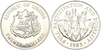 Либерия 20 долларов 1983 международный год инвалидов KM 48 серебро UNC 00-00