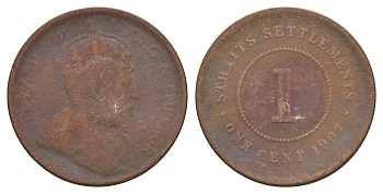 Стрейтс-Сетлментс (Стрейтс Сетлментс) 1 цент 1907 Эдуард VII (1901-1910) KM 19 бронза 4656-313